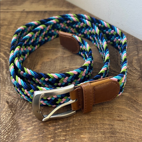 Other - Men's Multicolor Braided Elastic Belt with Brown Leather Trim